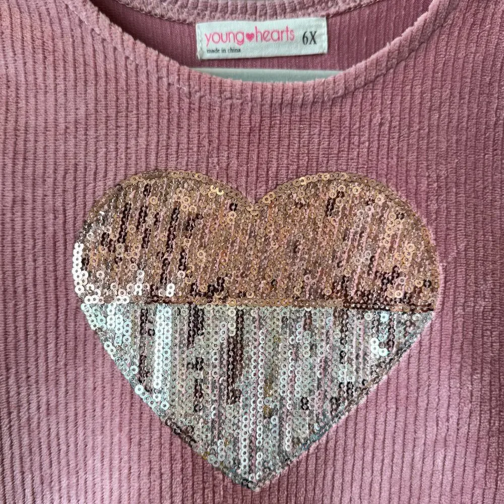 Young Hearts Pink Ribbed Tutu Dress Girls 6X Sequin Heart Gold Foil Whimsical